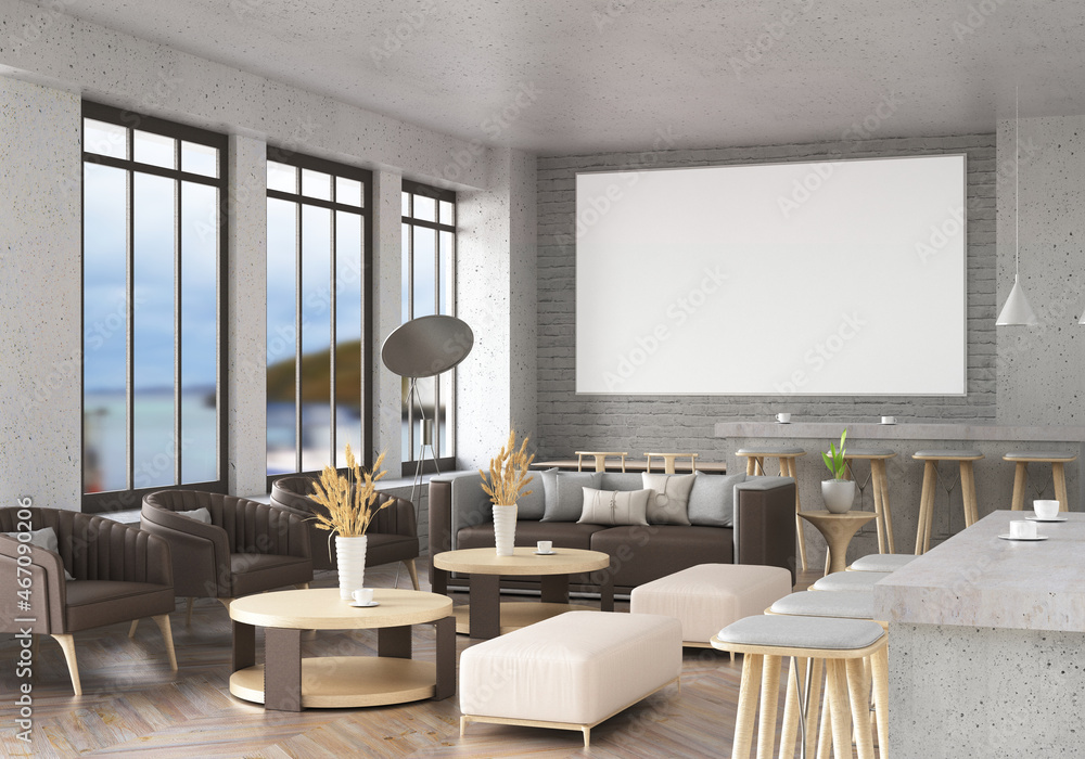 3D illustration Mockup photo frame in lounge rendering 3D illustration Mockup photo frame in lounge rendering
