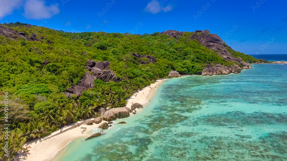 Aerial view of Anse Source Argent Beach in La Digue, Seychelles Islands - Africa Aerial view of Anse Source Argent Beach in La Digue, Seychelles Islands - Africa
