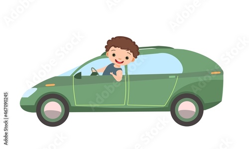 Childrens car. Kid rides on green modern automobile. Toy vehicle. With a motor. Cute passenger auto. Isolated on white background. Vector