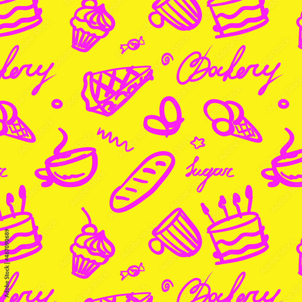 Pink lined dessert vector pattern. Pink cupcake, pretzel, ice cream, cake, pie, candies, sugar, bakery lettering. Food elements banner, poster. Birthday pattern, postcard. Doodle. Sweets. Pink lined dessert vector pattern. Pink cupcake, pretzel, ice cream, cake, pie, candies, sugar, bakery lettering. Food elements banner, poster. Birthday pattern, postcard. Doodle. Sweets.
