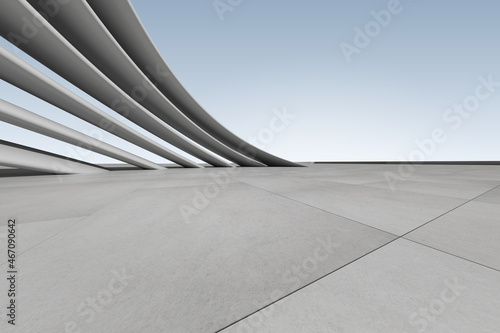 3d render of futuristic abstract concrete architecture with car park, empty cement floor.