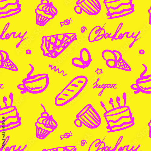 Pink lined dessert vector pattern. Pink cupcake, pretzel, ice cream, cake, pie, candies, sugar, bakery lettering. Food elements banner, poster. Birthday pattern, postcard. Doodle. Sweets.