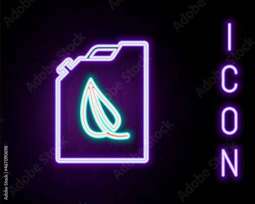Glowing neon line Bio fuel canister icon isolated on black background. Eco bio and barrel. Green environment and recycle. Colorful outline concept. Vector