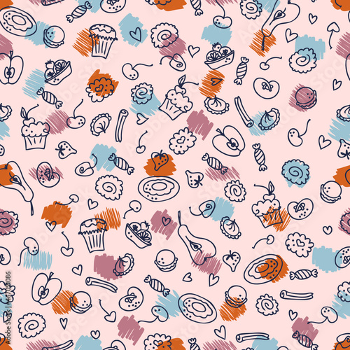 Hand drawn bakery seamless pattern background. Perfect for scrapbooking, textile and prints. Hand drawn vector illustration for decor and design.
