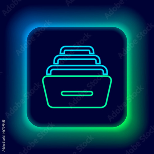Glowing neon line Drawer with documents icon isolated on black background. Archive papers drawer. File Cabinet Drawer. Office furniture. Colorful outline concept. Vector