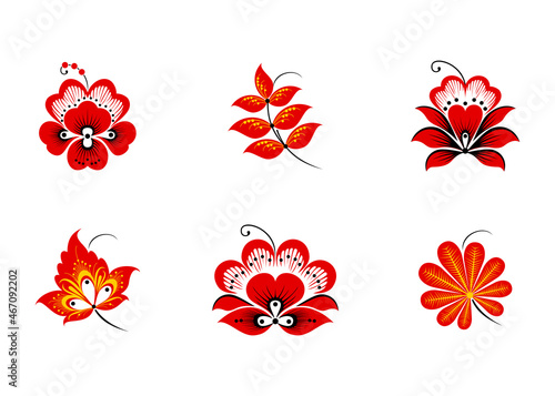 Obraz na plátně set of flowers, russian pattern, ornament, khokhloma, slavic painting, abstract