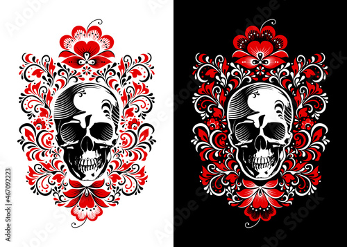 skull with wings, russian pattern, ornament, khokhloma, slavic painting