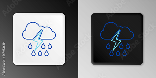 Line Cloud with rain and lightning icon isolated on grey background. Rain cloud precipitation with rain drops.Weather icon of storm. Colorful outline concept. Vector