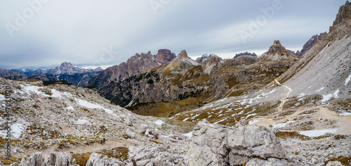 Panoramic view of the famous peaks of the Dolomites, Tre Cime di Lavaredo National Park, Dolomiti Alps, South Tyrol, Italy