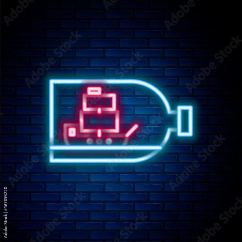 Glowing neon line Glass bottle with ship inside icon isolated on brick wall background. Miniature model of marine vessel. Hobby and sea theme. Colorful outline concept. Vector