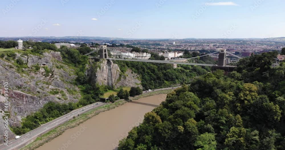 Aerial View Of Clifton Suspension Bridge On Sunny Day. Dolly Forward, Establishing Shot Aerial View Of Clifton Suspension Bridge On Sunny Day. Dolly Forward, Establishing Shot