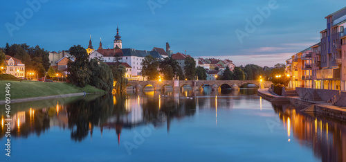 Panorama of Pisek Old Town at dusk, Czechia