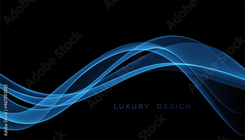 Abstract Waves. Shiny blue moving lines design element on dark background for greeting card and disqount voucher.