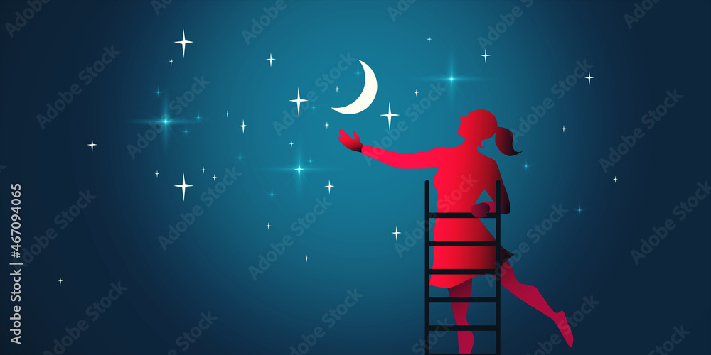 Obraz premium Abstract digital image of girl on staircase touching moon and stars. Dream big and daydreaming concept. 3D Rendering.