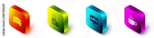 Set Isometric Hotel room bed, Suitcase, Five stars rating review and Coffee cup icon. Vector