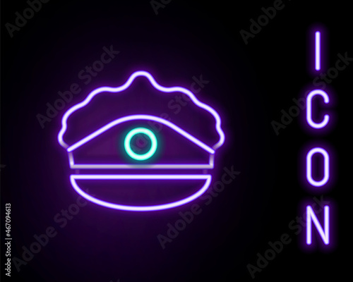 Glowing neon line Police cap with cockade icon isolated on black background. Police hat sign. Colorful outline concept. Vector