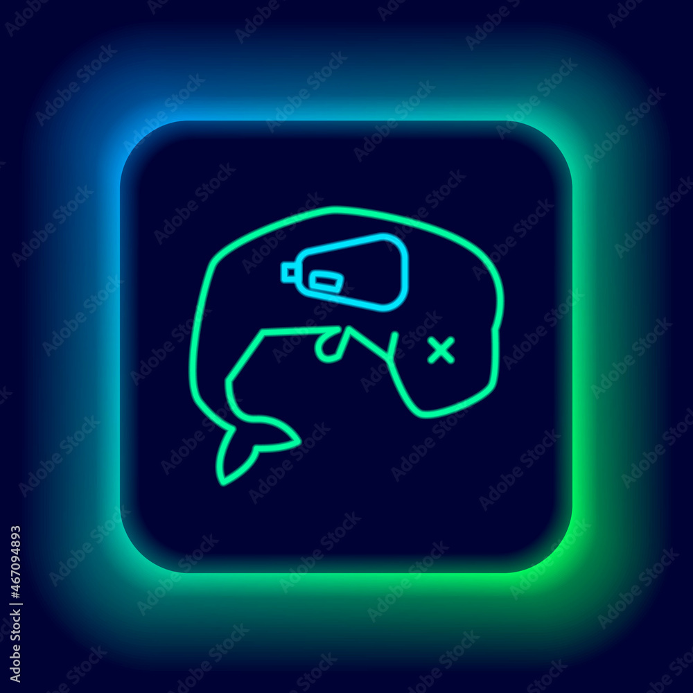 Glowing neon line Environment protection concept whale dead icon isolated on black background. Colorful outline concept. Vector Glowing neon line Environment protection concept whale dead icon isolated on black background. Colorful outline concept. Vector