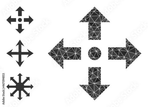 lowpoly expand arrows icon, and bonus icons. Polygonal expand arrows vector is filled of random triangles. Flat geometric polygonal illustration is designed by expand arrows icon.