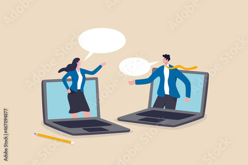 Remote work team meeting, online communication and business discussion, video conference to link between home and office concept, businessman and woman virtually discuss work from laptop computer.