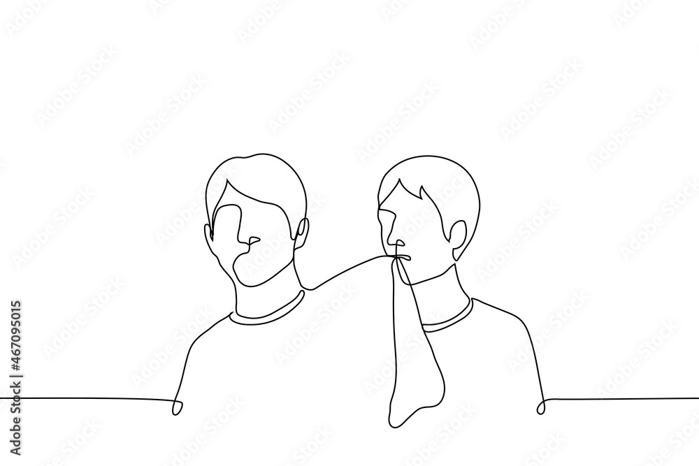 man bites his friend's t-shirt - one line drawing vector. concept of playful man stands behind another man and clenched his teeth t-shirt