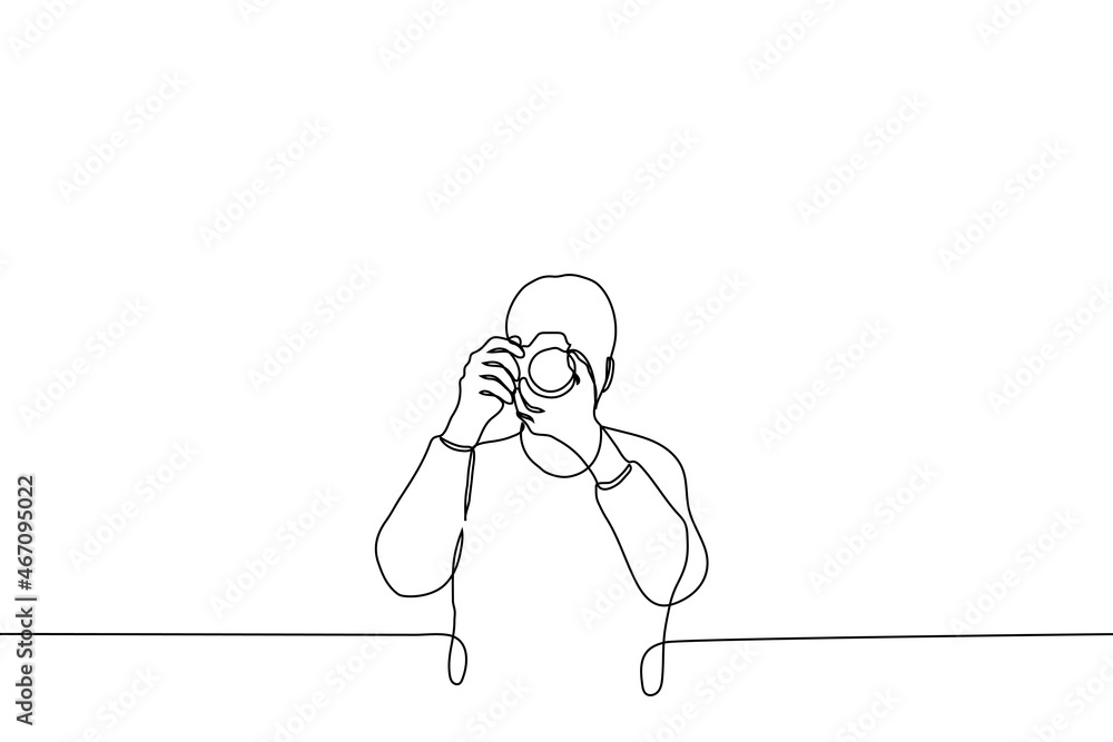man stands with camera taking pictures of the viewer - one line drawing vector. concept of amateur or professional photographer, journalist reporter man stands with camera taking pictures of the viewer - one line drawing vector. concept of amateur or professional photographer, journalist reporter