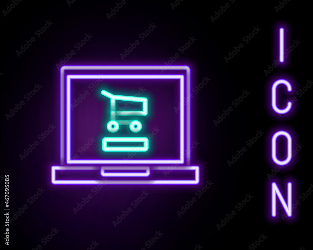 Glowing neon line Shopping cart on screen laptop icon isolated on black background. Concept e-commerce, e-business, online business marketing. Colorful outline concept. Vector Glowing neon line Shopping cart on screen laptop icon isolated on black background. Concept e-commerce, e-business, online business marketing. Colorful outline concept. Vector