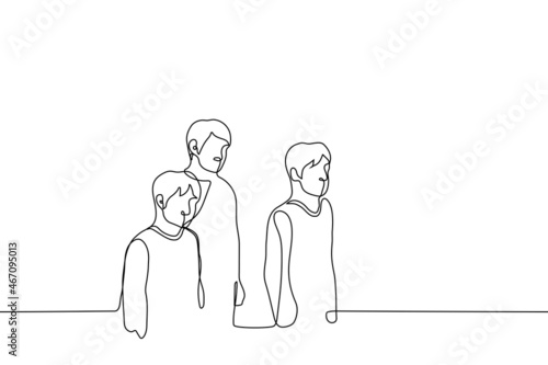 crowd of men, looks at the viewer, from below they are all standing side by side - one line drawing vector. concept society is watching you, culture of cancellation, outcast in the company of friends