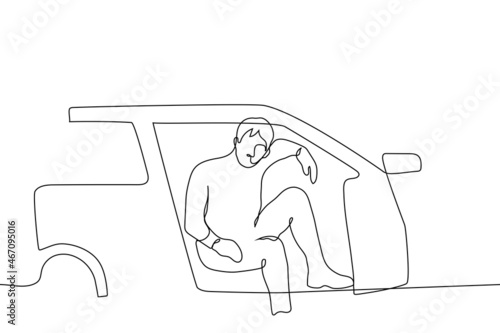 man sits in an open car with his legs wide apart, his elbow rests on the bezel of the car, his leg is on the ground - one line drawing. tough guy driving concept