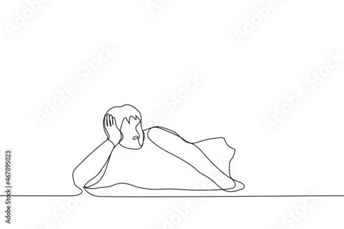 man lies on the floor props his head - one line drawing vector. the concept of procrastination, laziness, apathy, fatigue