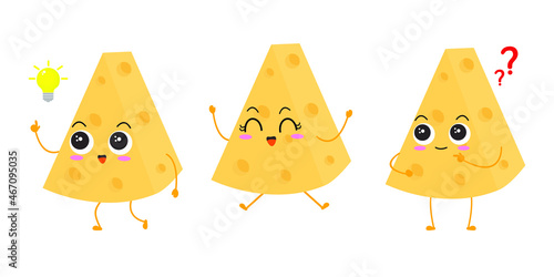Kawaii cartoon of triangular cheese slice. Character of cute sliced cheese. chibi mascot. Illustration emoji cheese in flat style. collection of cute expression. triplet 1