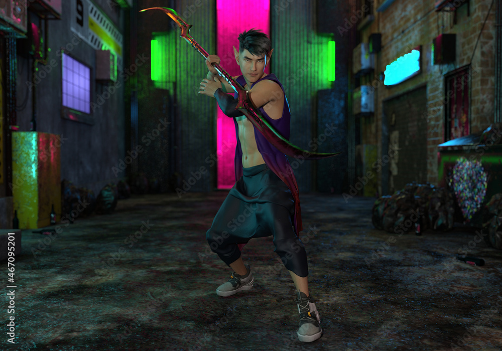 3D Rendering : A portrait of the elf male character standing with the weapon in his hand.