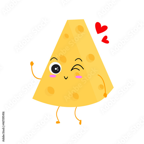 Kawaii cartoon of triangular cheese slice. Character of cute sliced cheese. chibi mascot. Illustration emoji cheese in flat style. lovely wink, smile