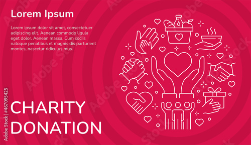 Vector banner templates with charity icons. Set of donate, volunteer, human and more.