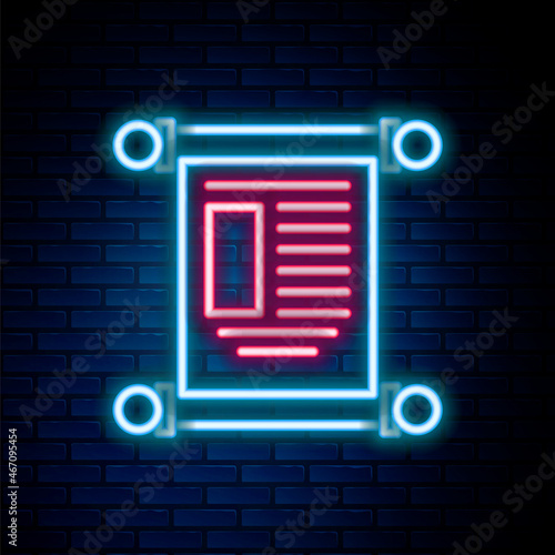 Glowing neon line Decree, paper, parchment, scroll icon icon isolated on brick wall background. Chinese scroll. Colorful outline concept. Vector
