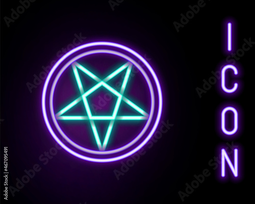 Glowing neon line Pentagram in a circle icon isolated on black background. Magic occult star symbol. Colorful outline concept. Vector