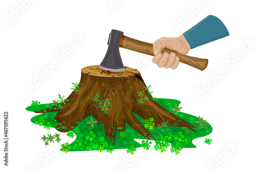 Tree stump and hand with axe isolated on white background. Woodcutter arm with ax. Axe in arm stuck in tree trunk.Deforestation, wood devastation and ecosystem destruction concept. Vector illustration