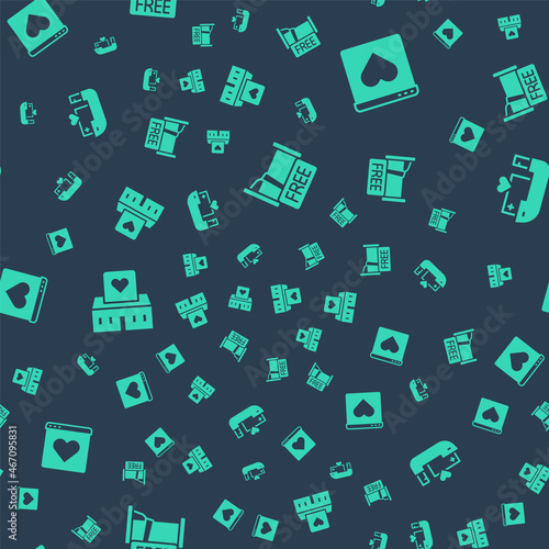 Set Free overnight stay house, Dating app online, Volunteer center and Humanitarian ship on seamless pattern. Vector