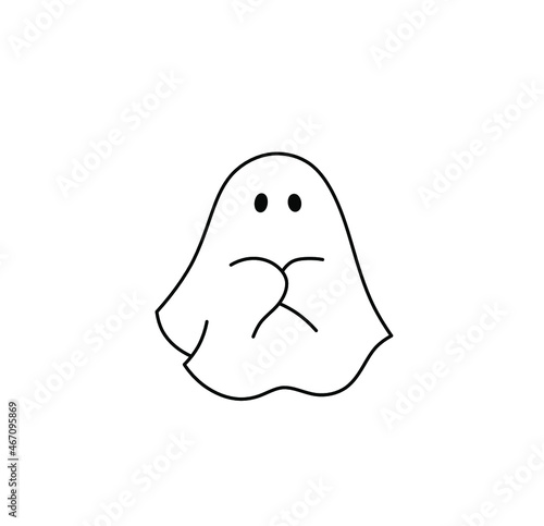Vector isolated cute cartoon shy ghost under the sheet contour line drawing. Ghost simple minimal icon, logotype, symbol, pictogram
