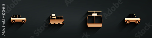 Set Car, Cargo ship with boxes delivery, Cable car and Pickup truck icon with long shadow. Vector