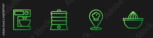 Set line Chef hat with location, Electric mixer, Slow cooker and Citrus fruit juicer. Gradient color icons. Vector