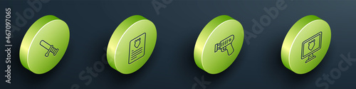 Set Isometric line Police rubber baton, The arrest warrant, electric shocker and database icon. Vector