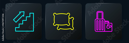 Set line Stairs up, Suitcase and Pillow. Black square button. Vector