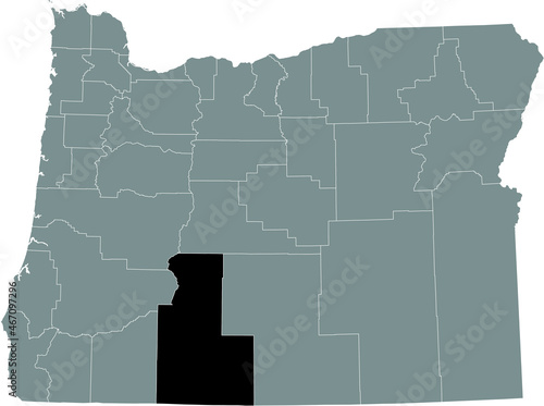 Black highlighted location map of the Klamath County inside gray administrative map of the Federal State of Oregon, USA