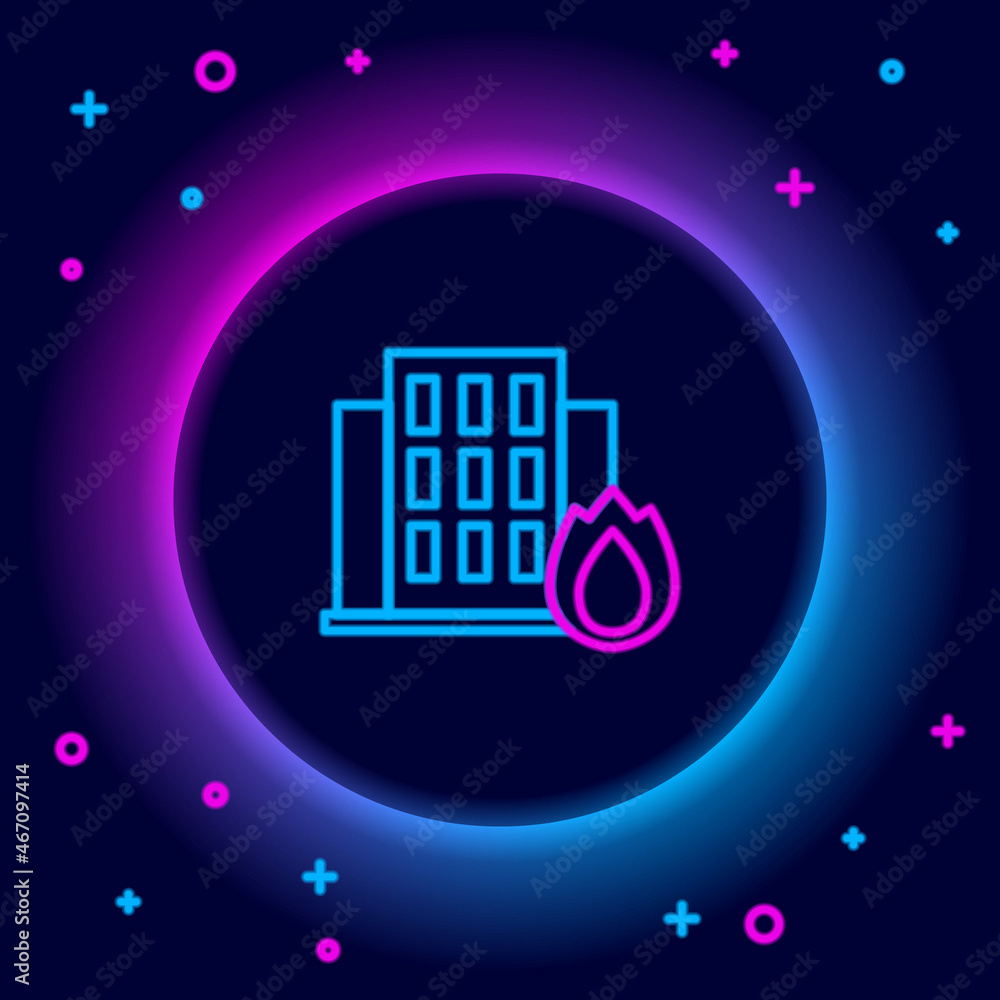 Glowing neon line Fire in burning house icon isolated on black background. Insurance concept. Security, safety, protection, protect concept. Colorful outline concept. Vector