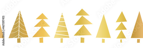 Gold foil Christmas tree seamless vector pattern border. Golden shiny texture doodle Christmas trees in a row on white background. Elegant, luxurious design for Christmas, gift wrap, party invite card