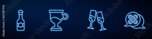 Set line Glass of champagne, Champagne bottle, Mulled wine and Snowflake speech bubble. Glowing neon icon on brick wall. Vector