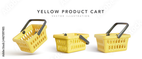 Collection of realistic 3d yellow shopping carts isolated on white background. Empty shopping basket. Vector illustration