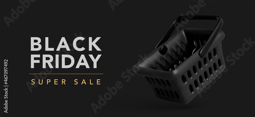 Banner for black friday super sale. Realistic black shopping cart. Vector illustration