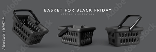 Set of 3d realistic plastic black shopping cart isolated on dark background. Special black shopping basket for Black Friday. Vector illustration
