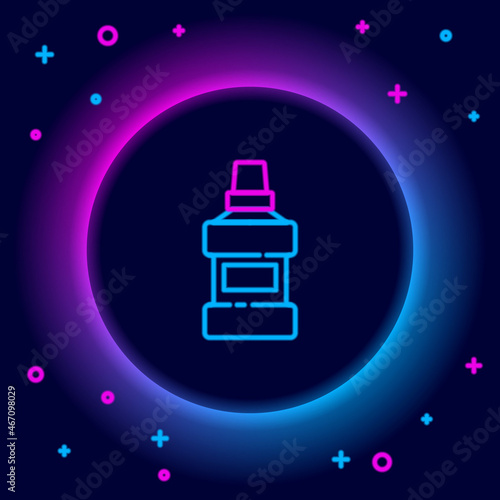 Glowing neon line Mouthwash plastic bottle and glass icon isolated on black background. Liquid for rinsing mouth. Oralcare equipment. Colorful outline concept. Vector
